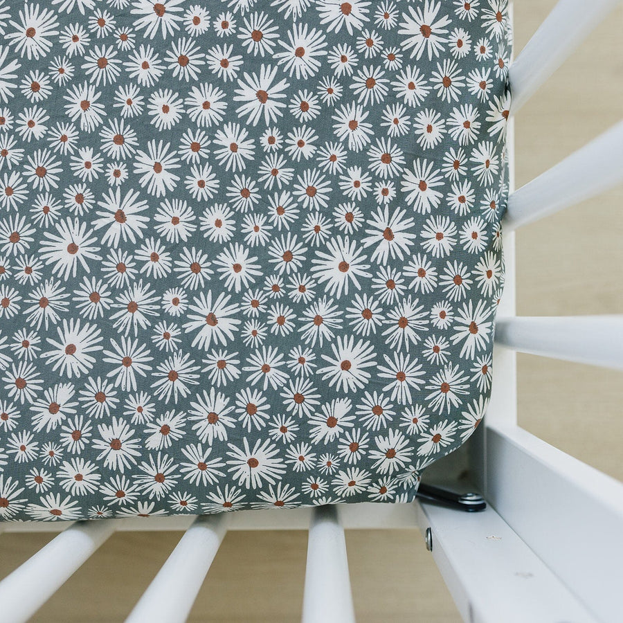 Dark Green Daisy Bamboo Stretch Crib Sheet Mebie Baby 