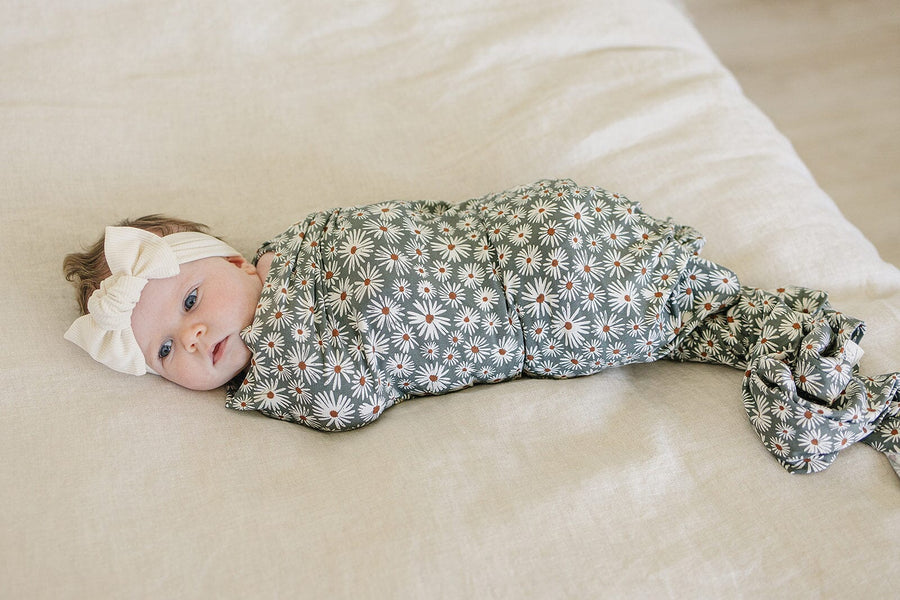 Dark Green Daisy Bamboo Stretch Swaddle Mebie Baby 