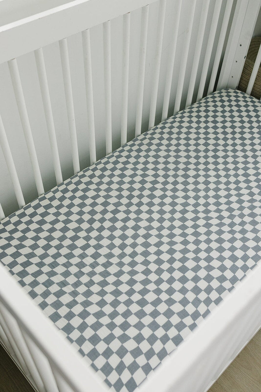 Dusty Blue Wavy Checkered Muslin Crib Sheet Mebie Baby 