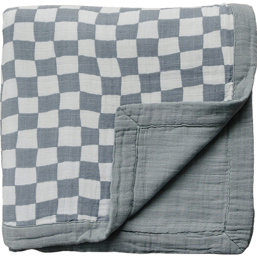 Dusty Blue Wavy Checkered Muslin Quilt Mebie Baby 